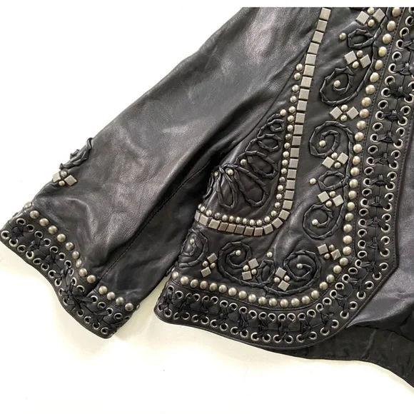 Double D Ranch Black Genuine Leather Beaded Studded Open Bolero Jacket - Picture 11 of 11
